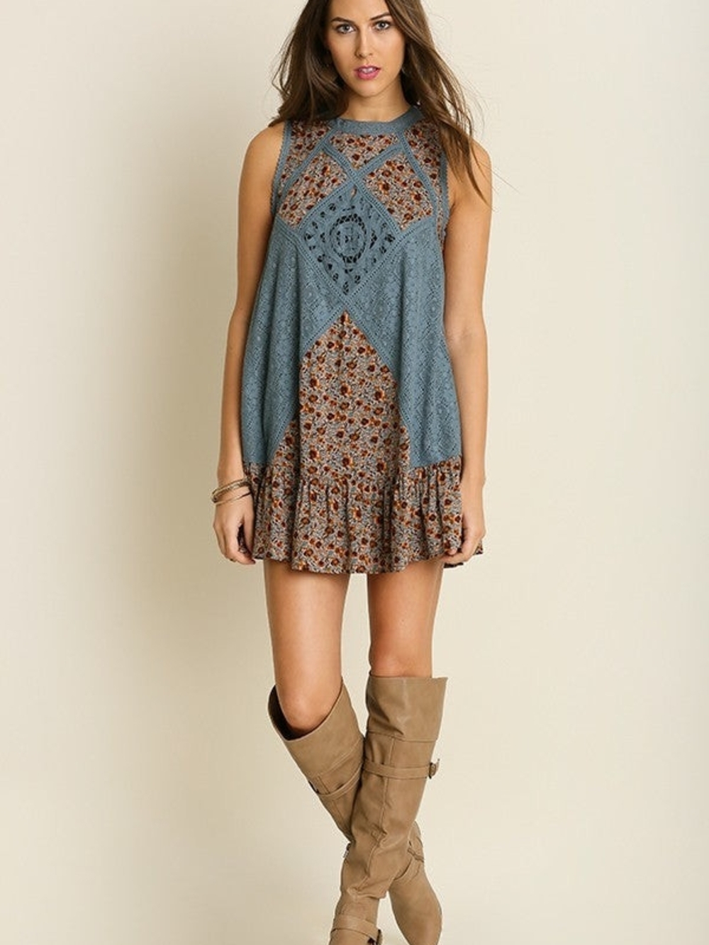 Altar'd State Blue Crochet-Panel Floral Mini Dress with Ruffled Hem. Size Small